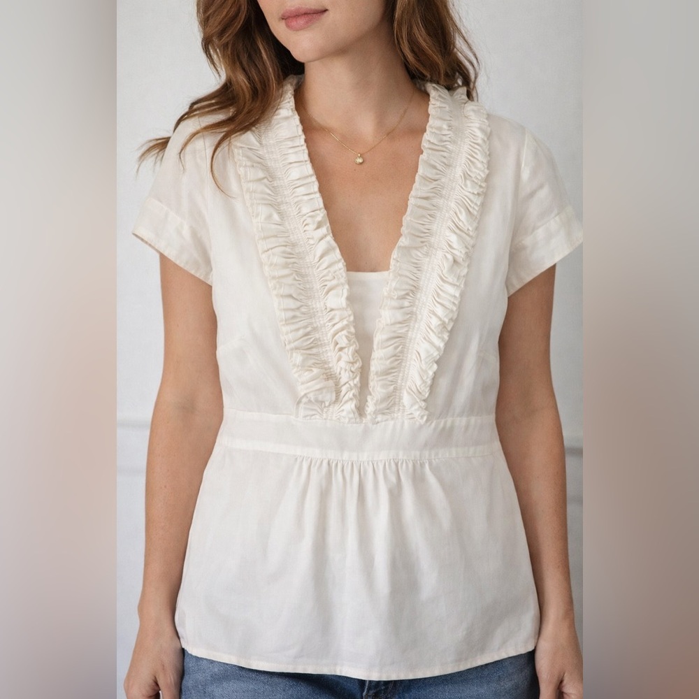 Quiet luxury Cream Ruffled Blouse Parisian woven top shirt old money nautical